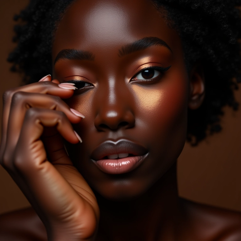 Mulher negra aplicando bronzer em tons terrosos.