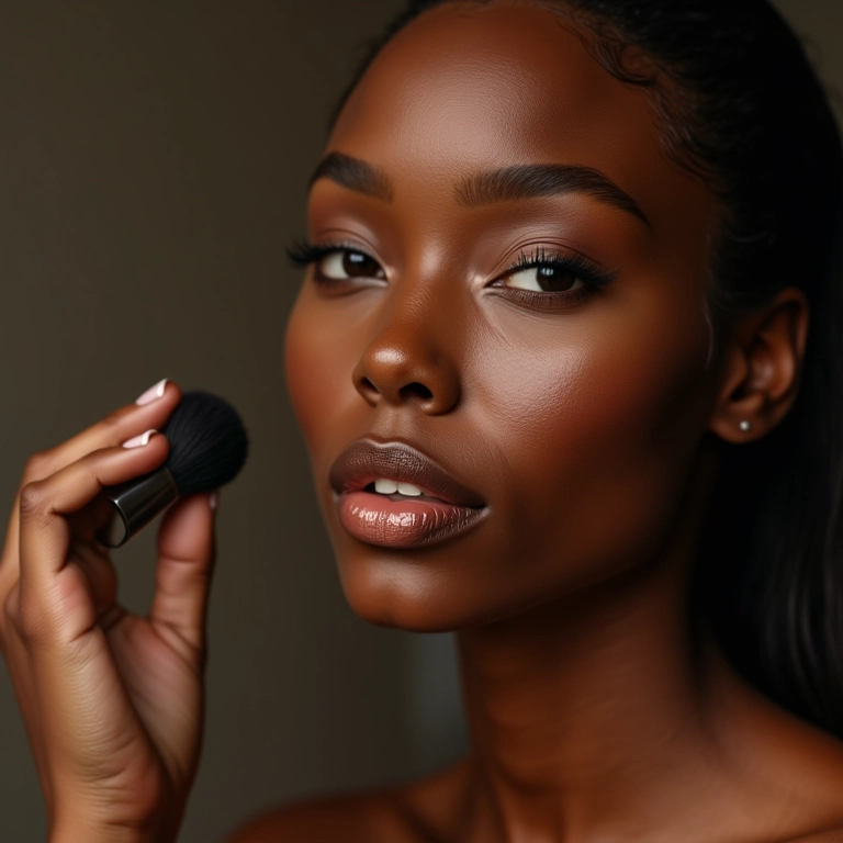 Mulher negra aplicando bronzer para realçar a beleza da pele.
