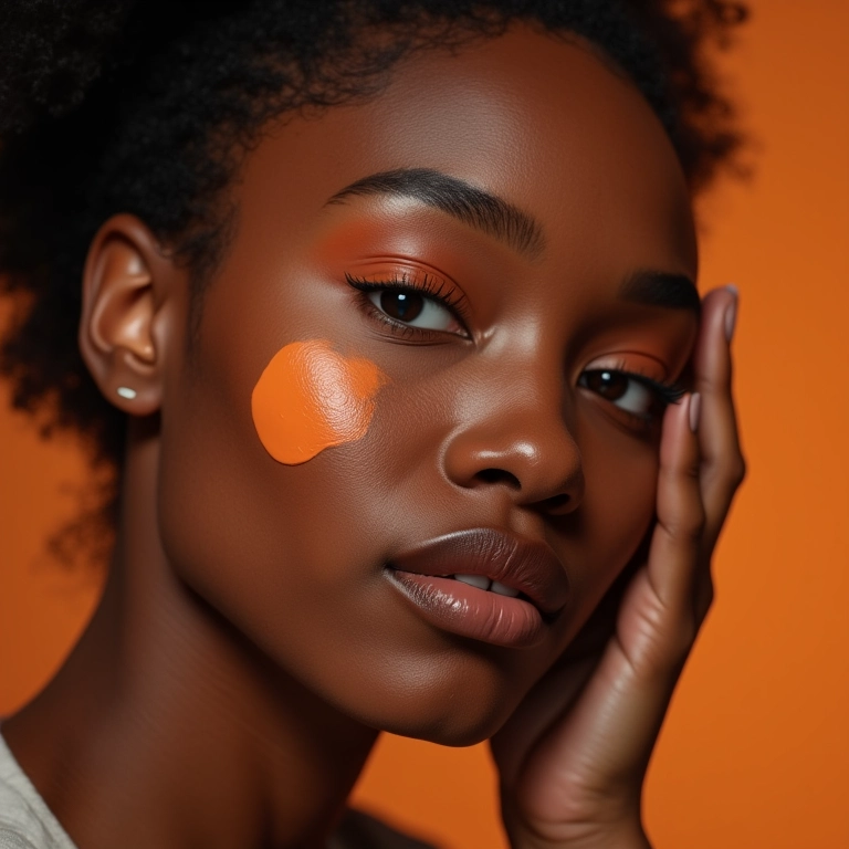 Mulher negra aplicando corretivo laranja para manchas escuras.