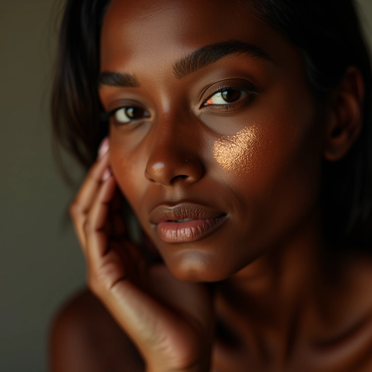 Mulher negra aplicando iluminador bronze cobre, close-up.