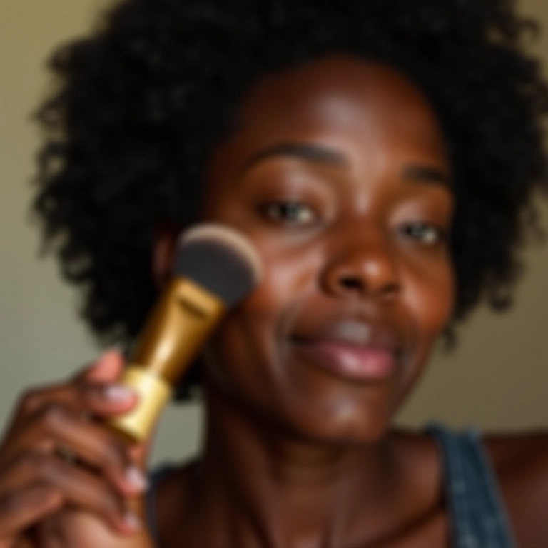 Mulher negra aplicando iluminador quente no rosto.