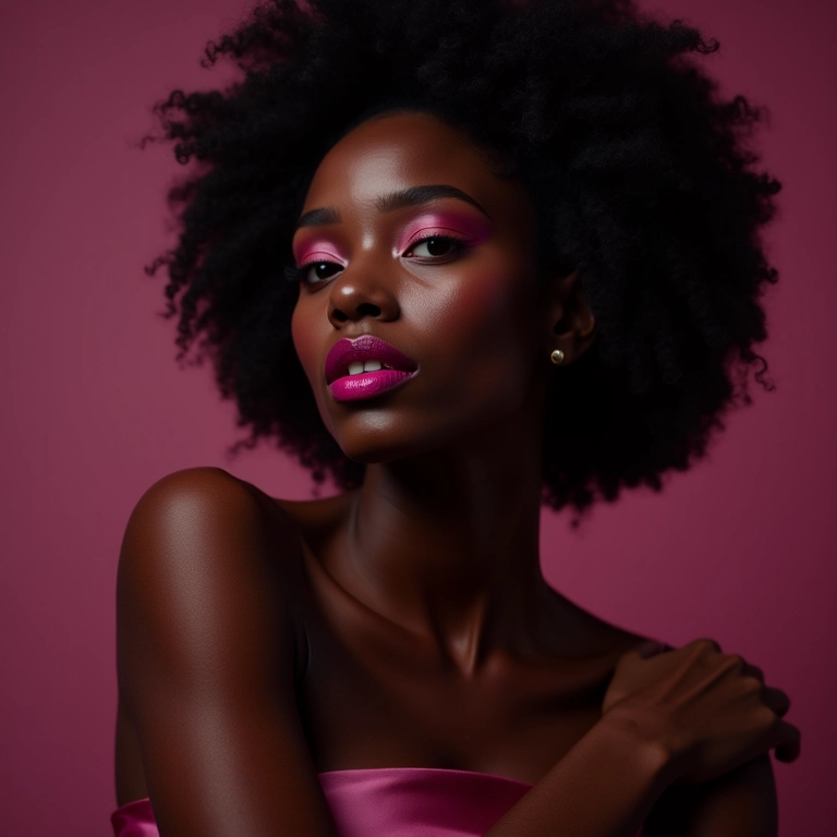 Mulher negra com batom fúcsia vibrante.