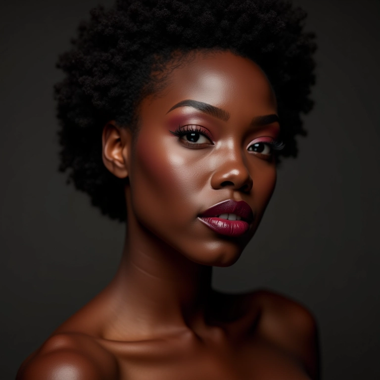 Mulher negra com batom vinho e maquiagem vibrante.