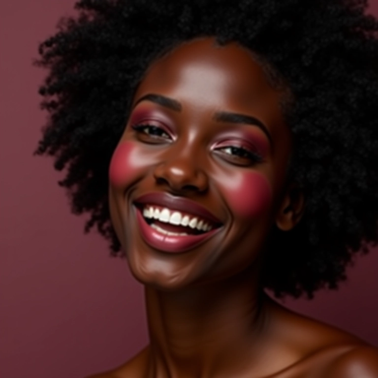 Mulher negra com blush vinho, pele radiante.