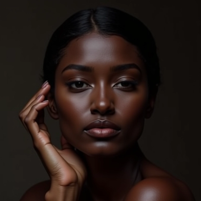 Mulher negra com contorno impecável usando pó escuro.