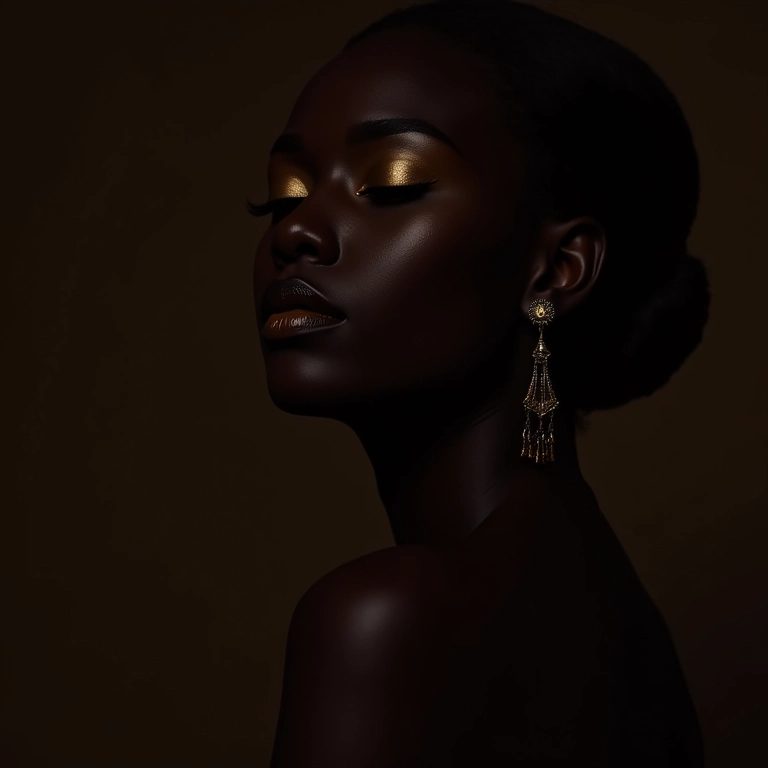 Mulher negra com iluminador dourado sofisticado.