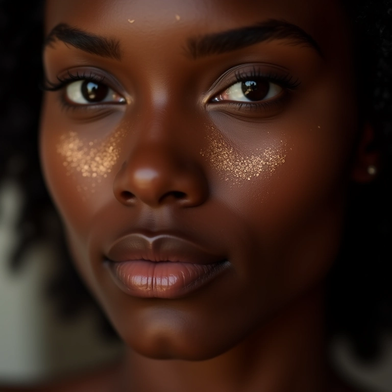 Mulher negra com pele iluminada, maquiagem profissional.