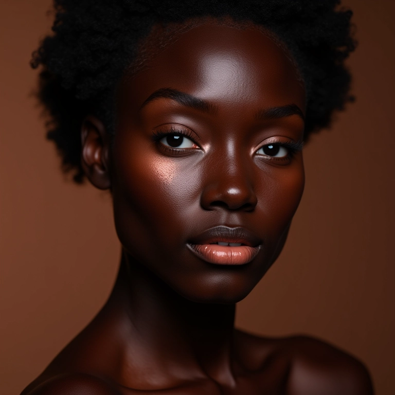 Mulher negra com tom de pele profundo exibindo iluminador pêssego.