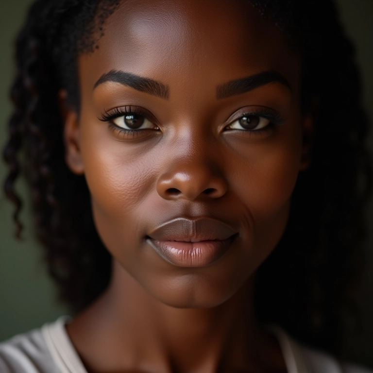 Mulher negra deslumbrante com maquiagem impecável.