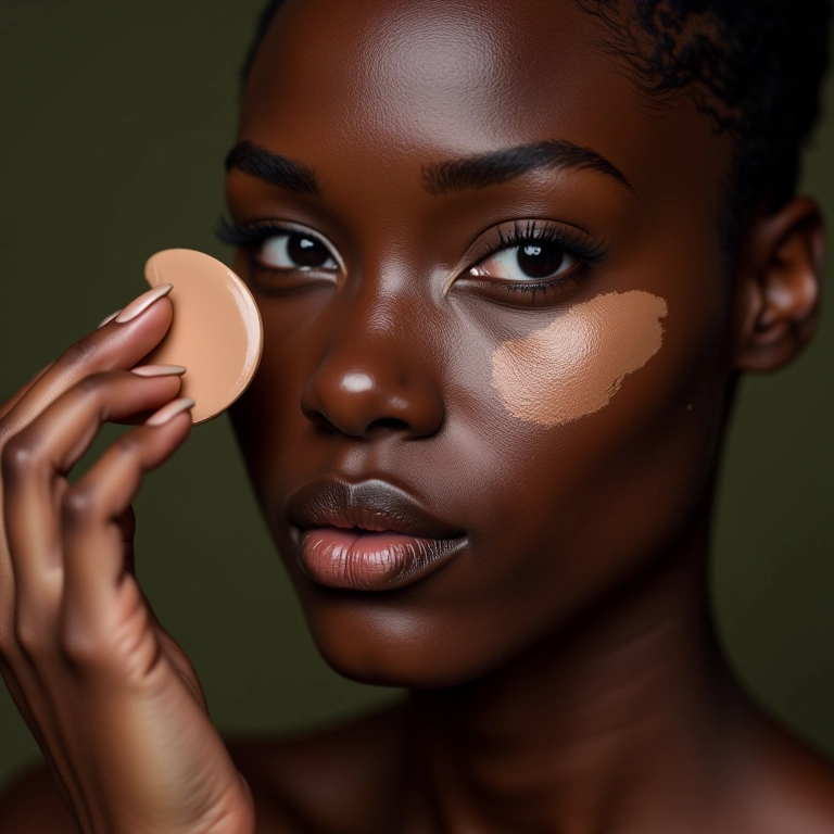 Mulher negra selando a base com pó translúcido.