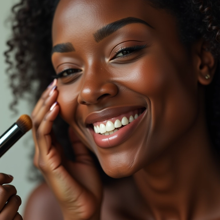 Mulher negra sorrindo aplicando corretivo, pele impecável.