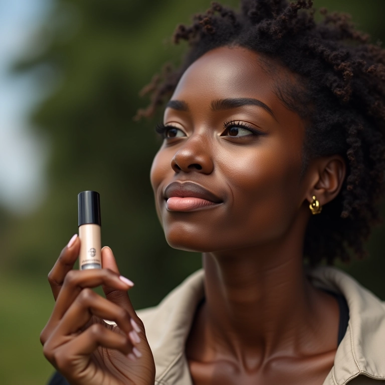 Mulher negra testando cor de base na luz natural.