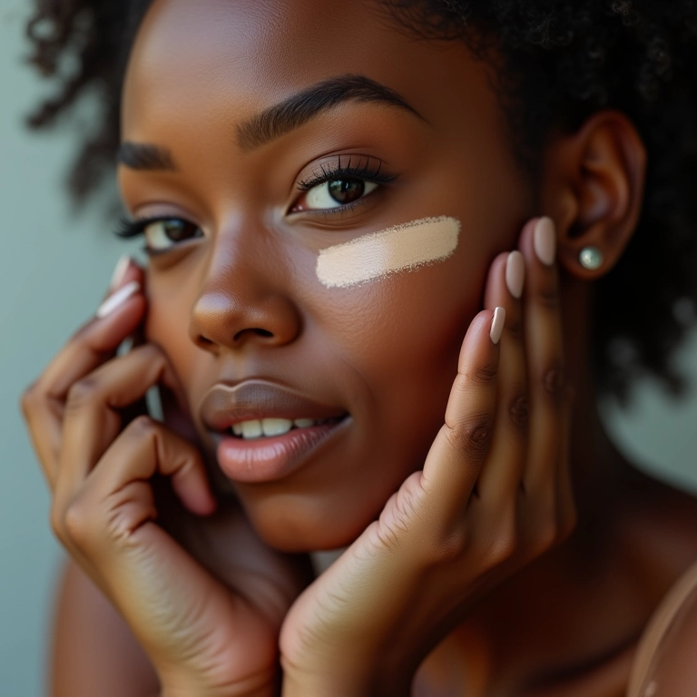 Mulher negra testando diferentes tons de base em sua mão.