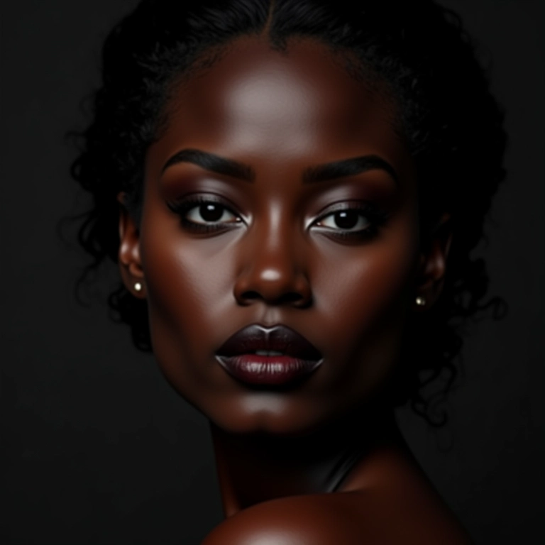 Mulher negra usando batom marrom escuro.