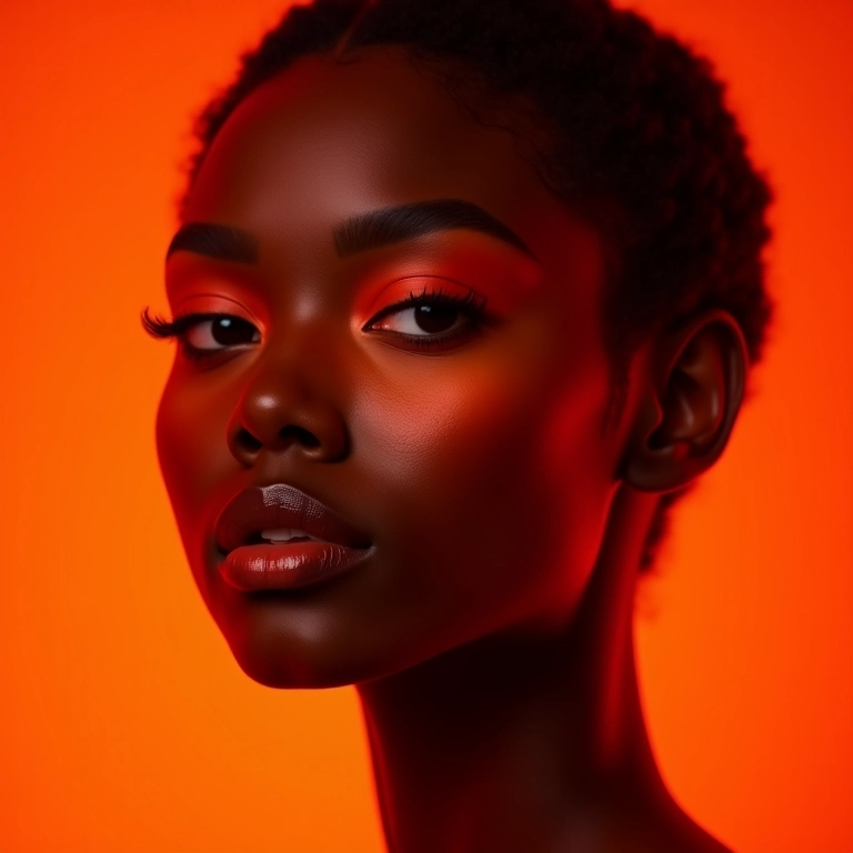 Mulher negra usando blush laranja vibrante.