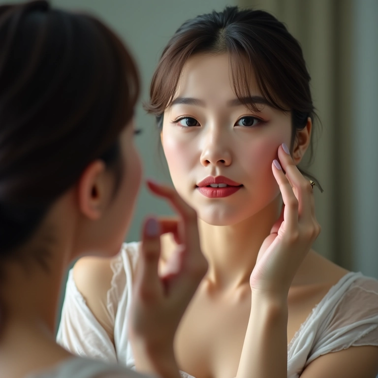 Mulher oriental adaptando a maquiagem ao seu estilo.