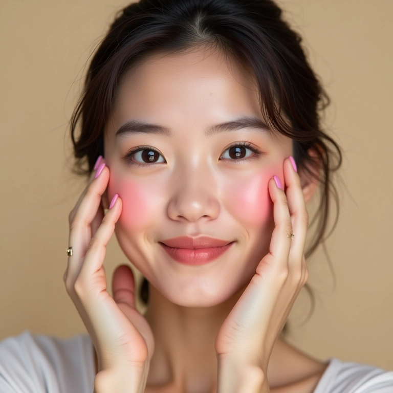 Mulher oriental aplicando blush nas bochechas.