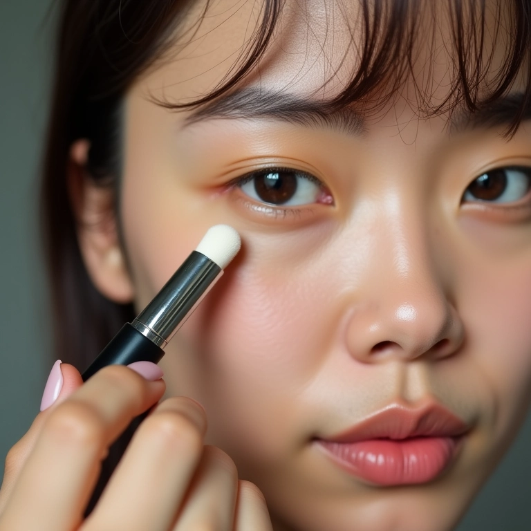 Mulher oriental aplicando corretivo nas olheiras.