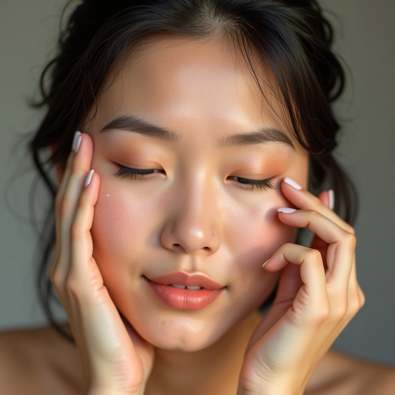 Mulher oriental aplicando iluminador no rosto.
