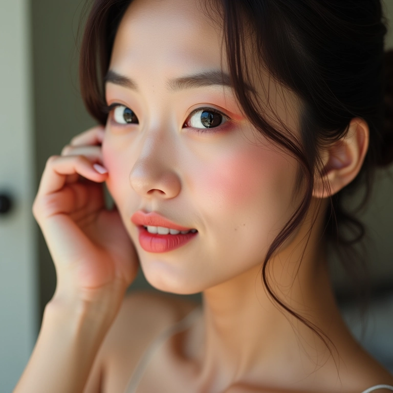 Mulher oriental aplicando maquiagem colorida, pele impecável.