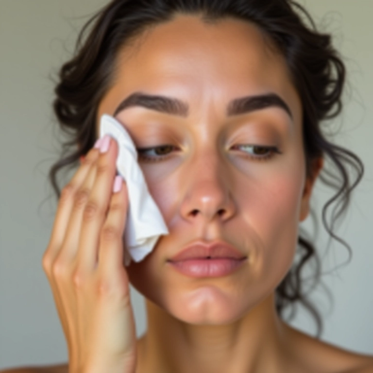 Mulher preparando a pele antes de maquiar as sobrancelhas.