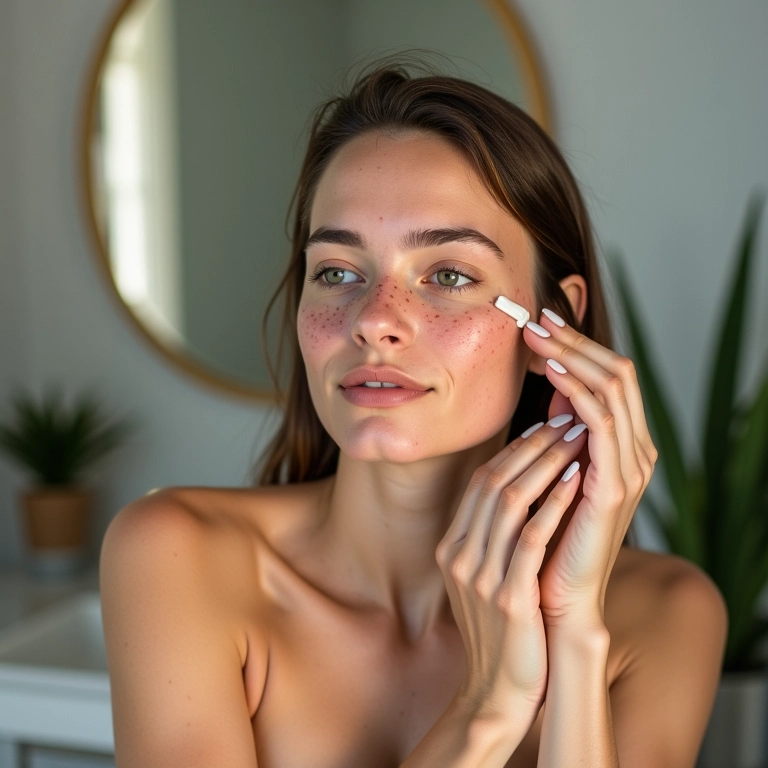 Mulher preparando a pele com hidratante leve.