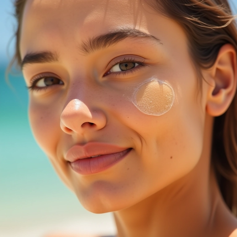 Mulher protegendo a pele com base e protetor solar.