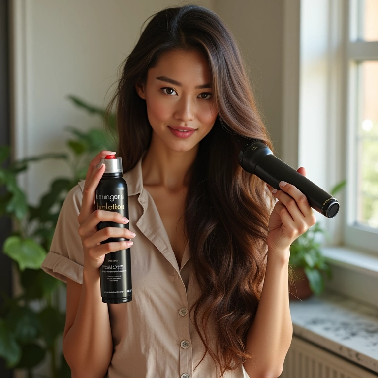 Mulher protegendo o cabelo com fixador com proteção térmica antes de usar modelador.