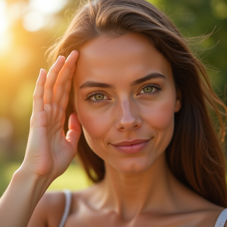 Mulher protegendo o rosto do sol, sensibilidade aumentada após usar maquiagem.