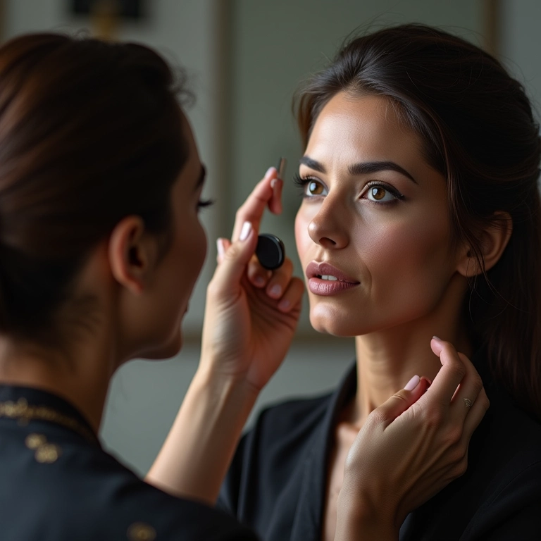 Mulher recebendo conselhos de maquiador profissional.