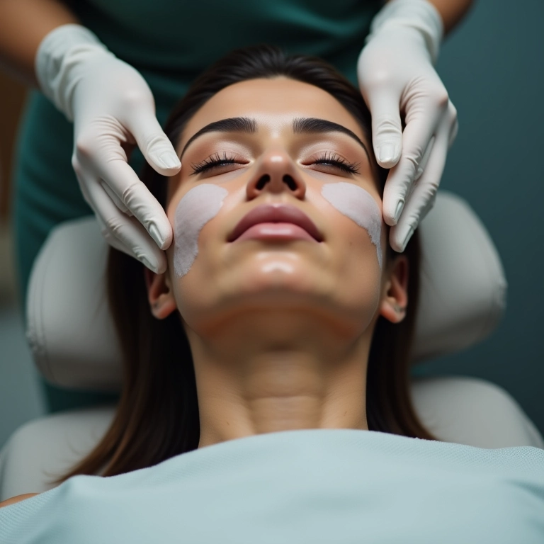 Mulher recebendo tratamento estético facial em clínica moderna para reduzir o queixo duplo.