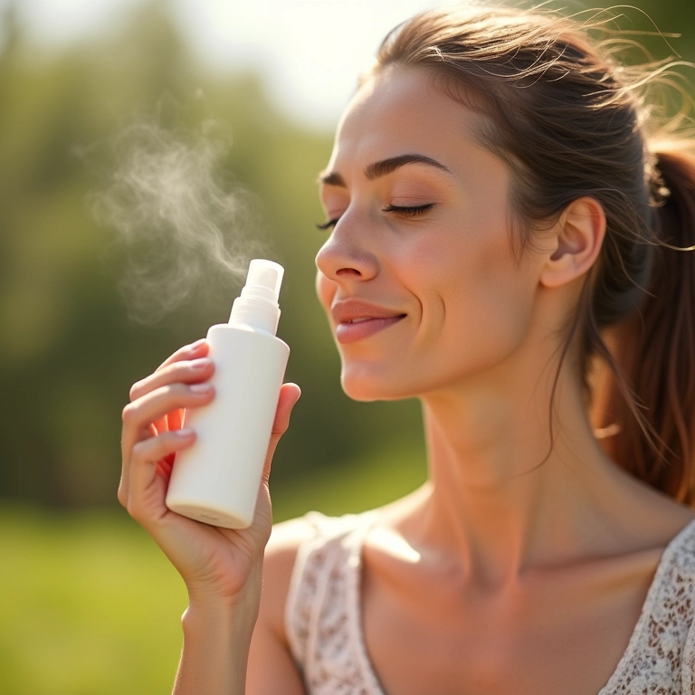 Mulher refrescando o rosto com spray facial de ácido hialurônico.
