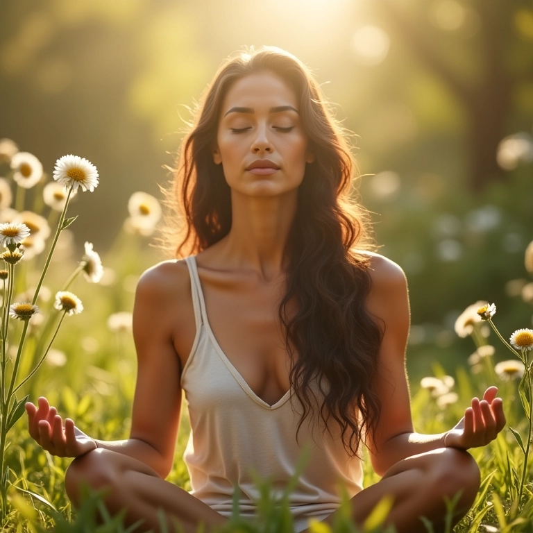 Mulher relaxando com bruma de camomila.