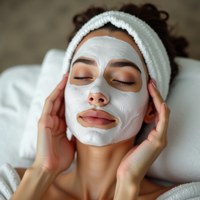 Mulher relaxando com máscara facial.