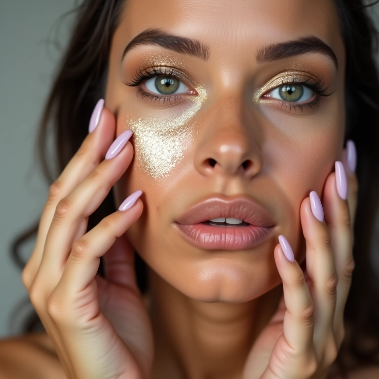 Mulher removendo maquiagem glitter com cuidado.