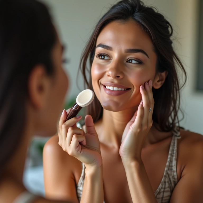 Mulher retocando a maquiagem com pó matificante.