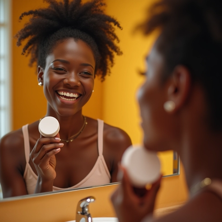 Mulher retocando maquiagem com pó compacto e espelho.