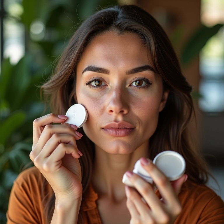 Mulher retocando maquiagem com pó compacto para pele oleosa em café iluminado.