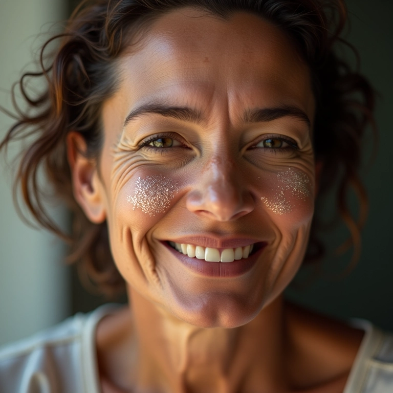 Mulher revitalizada após tratamento facial com pó de diamante.