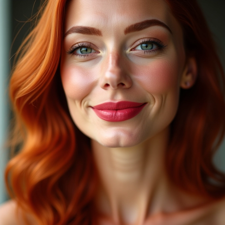 Mulher ruiva sorrindo com maquiagem impecável e batom vibrante.