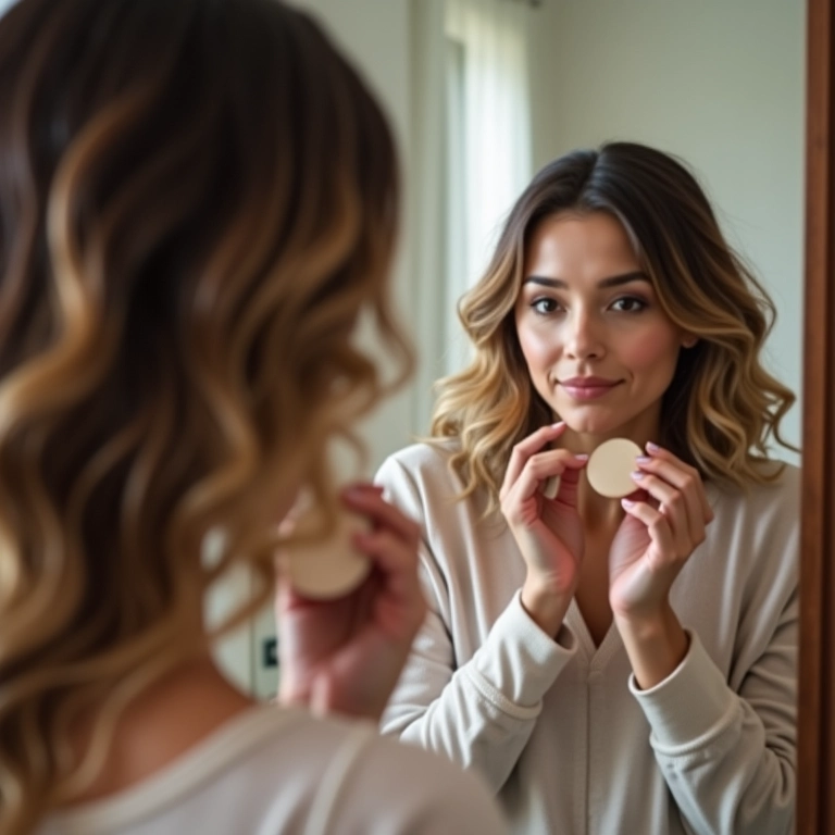 Mulher se maquiando com pó compacto para o dia a dia.