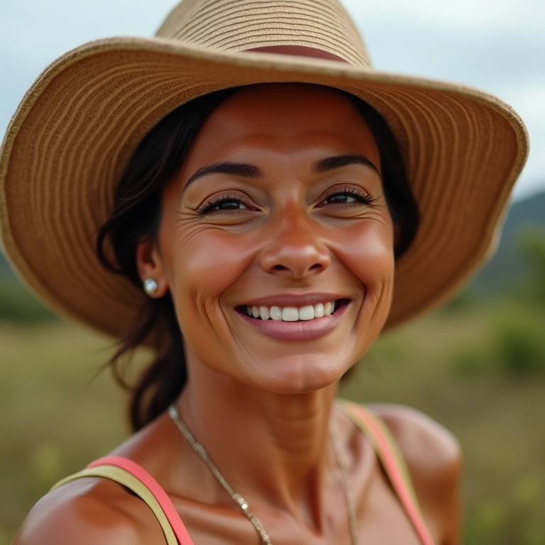 Mulher se protegendo do sol com BB cream e chapéu.