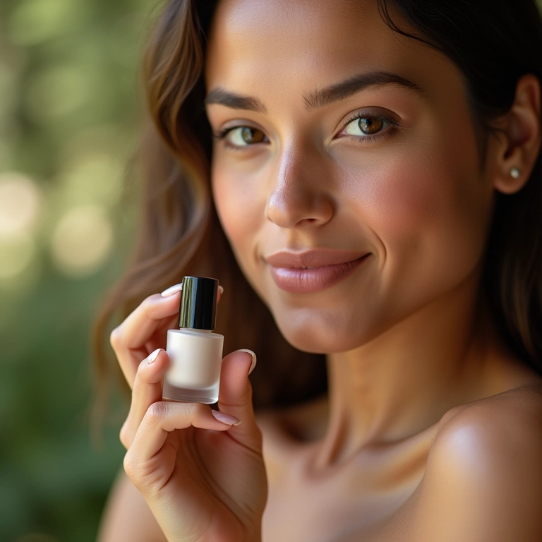 Mulher segurando um frasco de bruma fixadora, foco suave em seu rosto, pele hidratada.