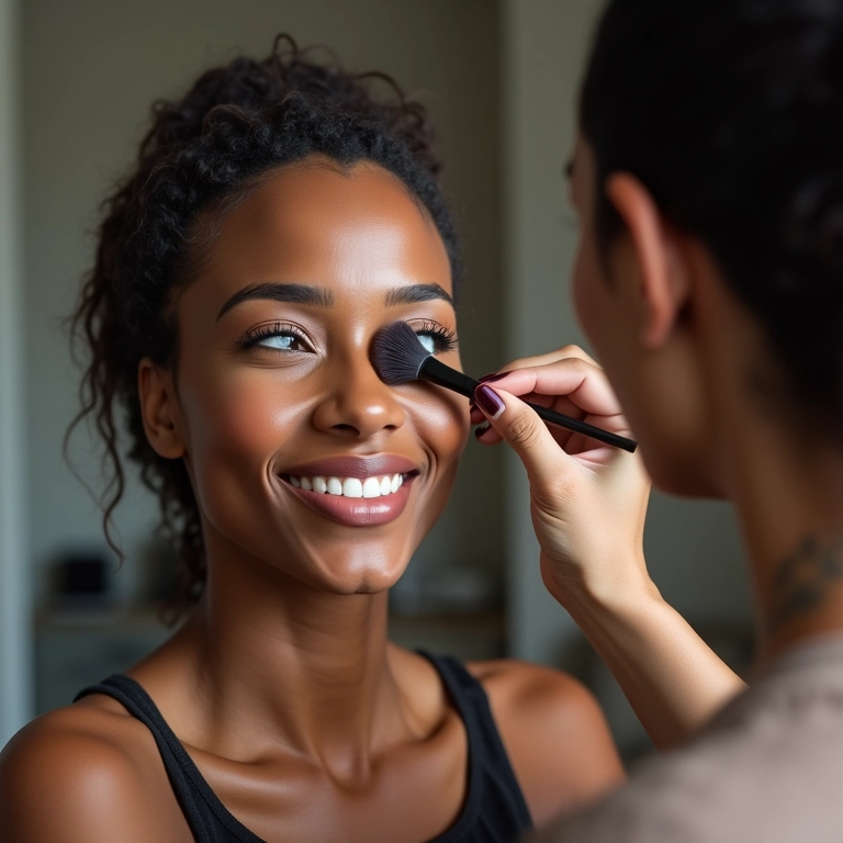 Mulher selando a maquiagem com pó de sílica.