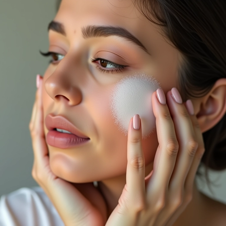 Mulher selando a maquiagem com pó translúcido.
