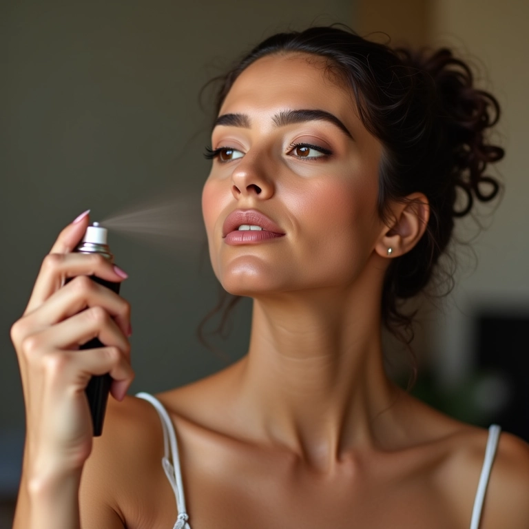 Mulher selando a maquiagem com spray fixador.