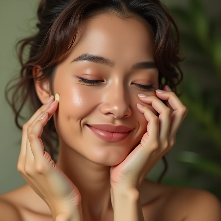 Mulher sorrindo aplicando base mineral em pele sensível.