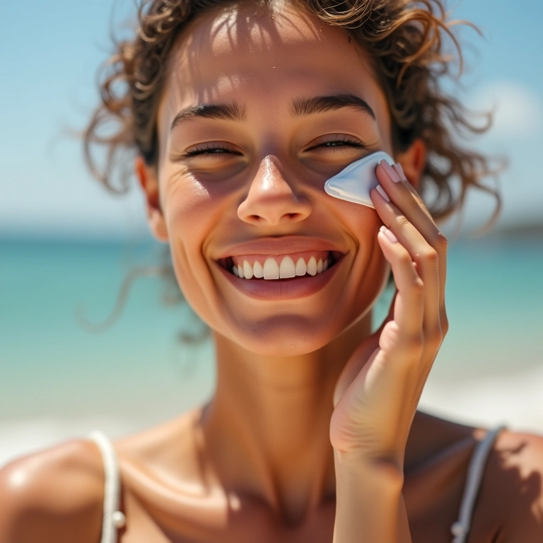 Mulher sorrindo aplicando BB cream na praia, com sol forte.