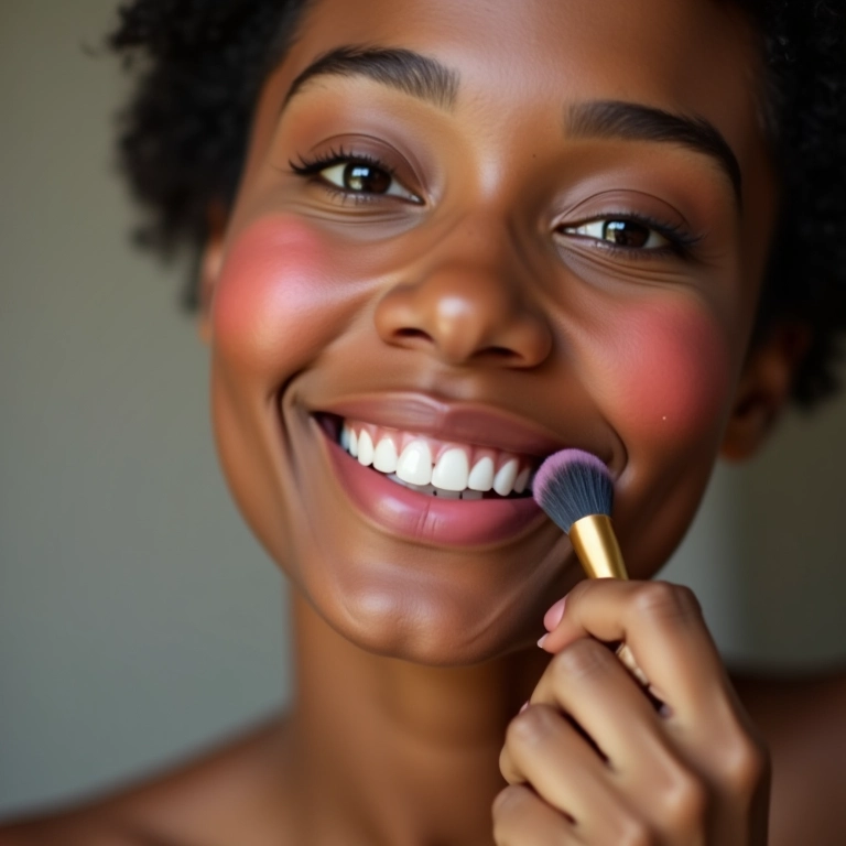 Mulher sorrindo aplicando blush para um look saudável.