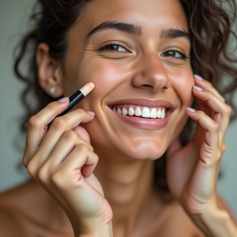 Mulher sorrindo aplicando corretivo na acne.